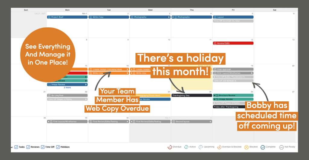 calendar view explaining time off, project due dates and holidays