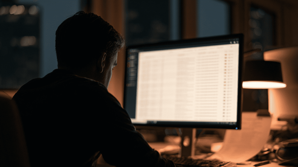 Man working on the computer at night