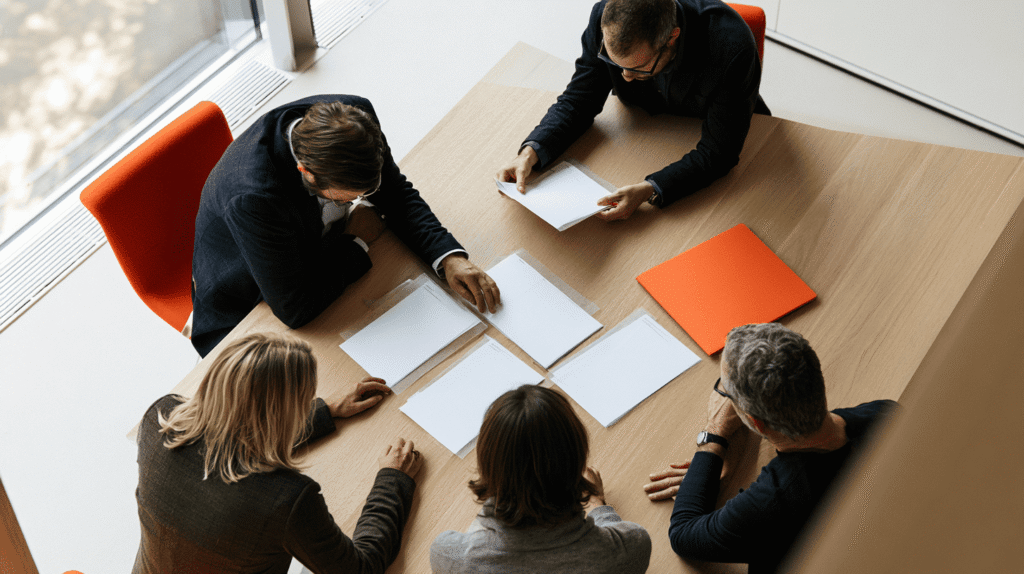 Team reviewing printed project documents around a conference table