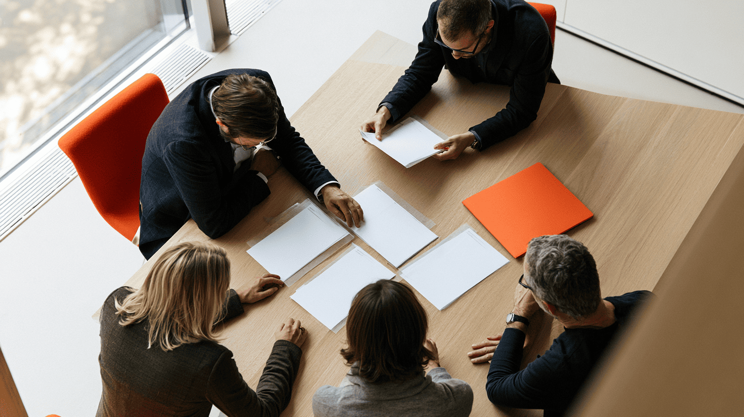 Team reviewing printed project documents around a conference table