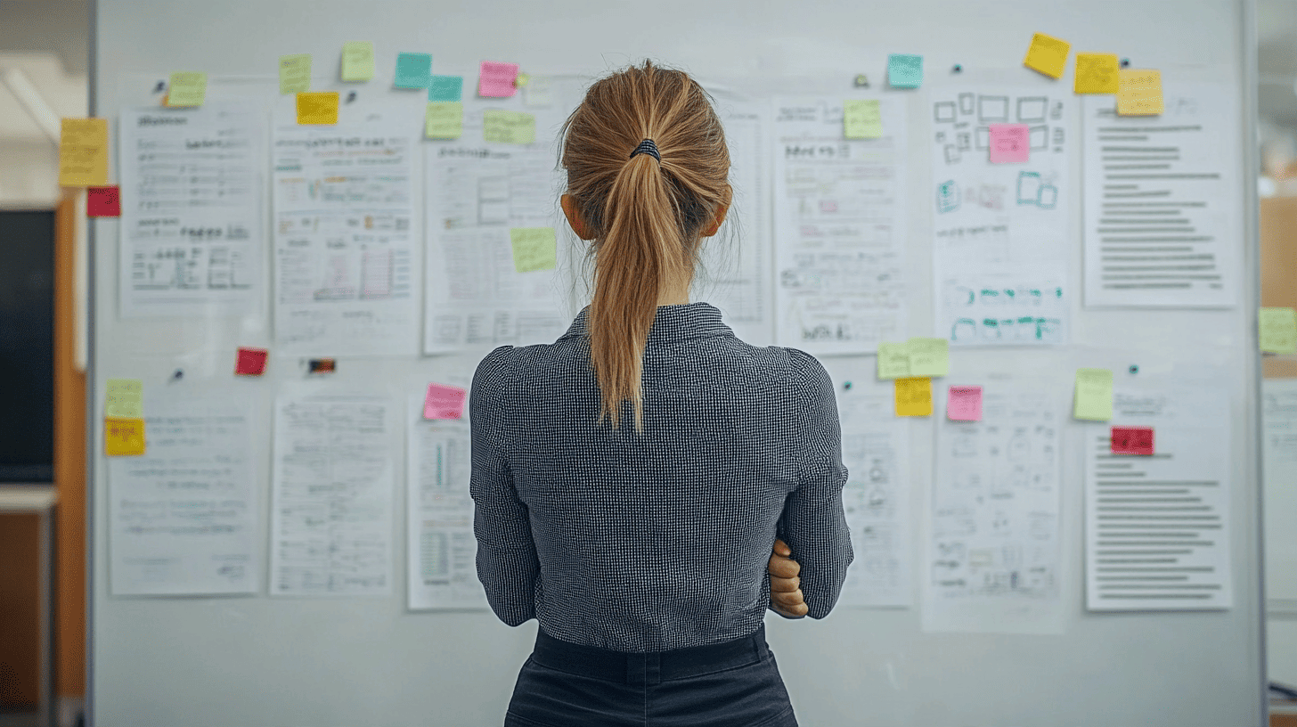 Whiteboard with six marketing plans.